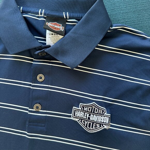 Harley Davidson Golf Polo Navy Blue and White Striped - Embroidered Logo - Picture 3 of 7